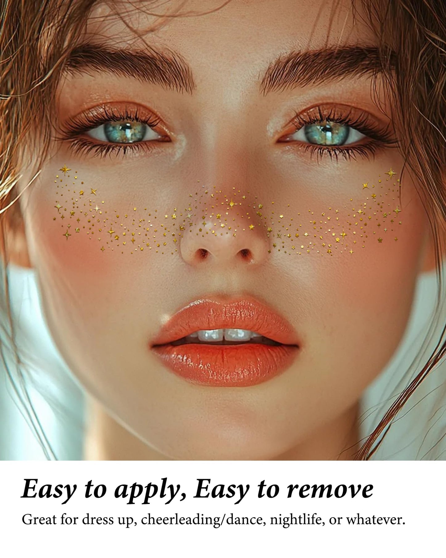 Model wearing Xiczh gold star temporary freckle stickers on cheeks