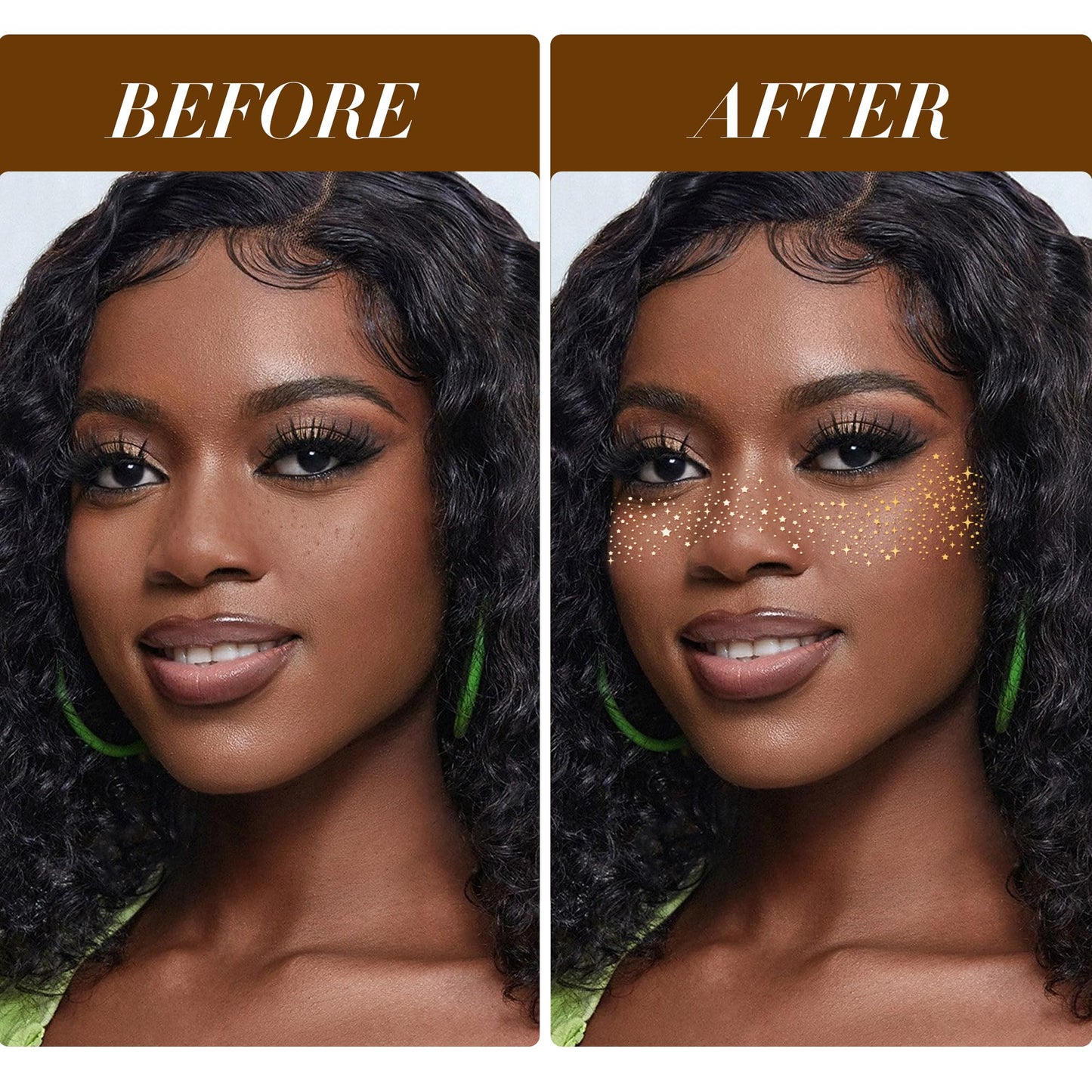 Applying gold sparkle patches for festival makeup look