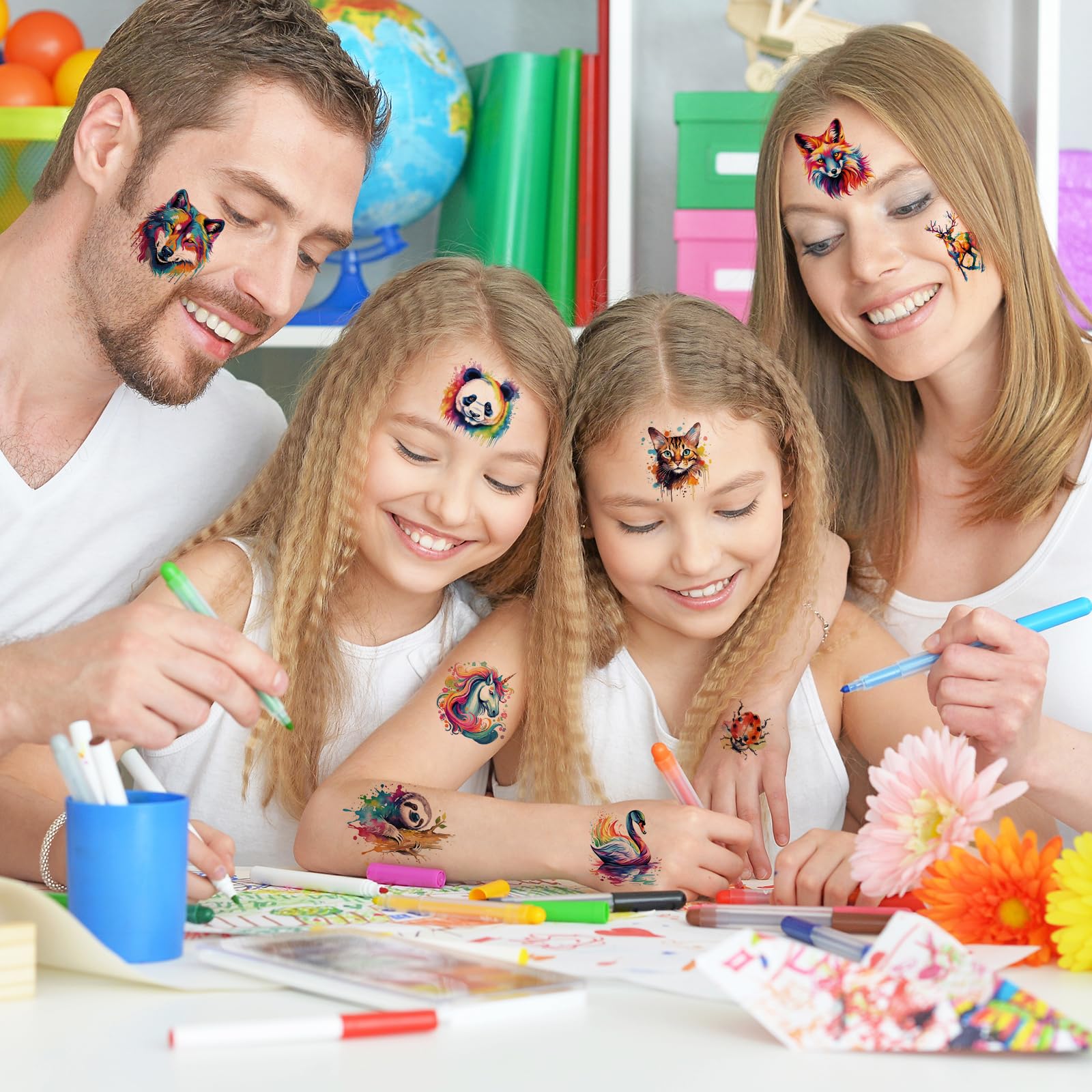 Close up of vibrant watercolor cartoon animal temporary tattoo