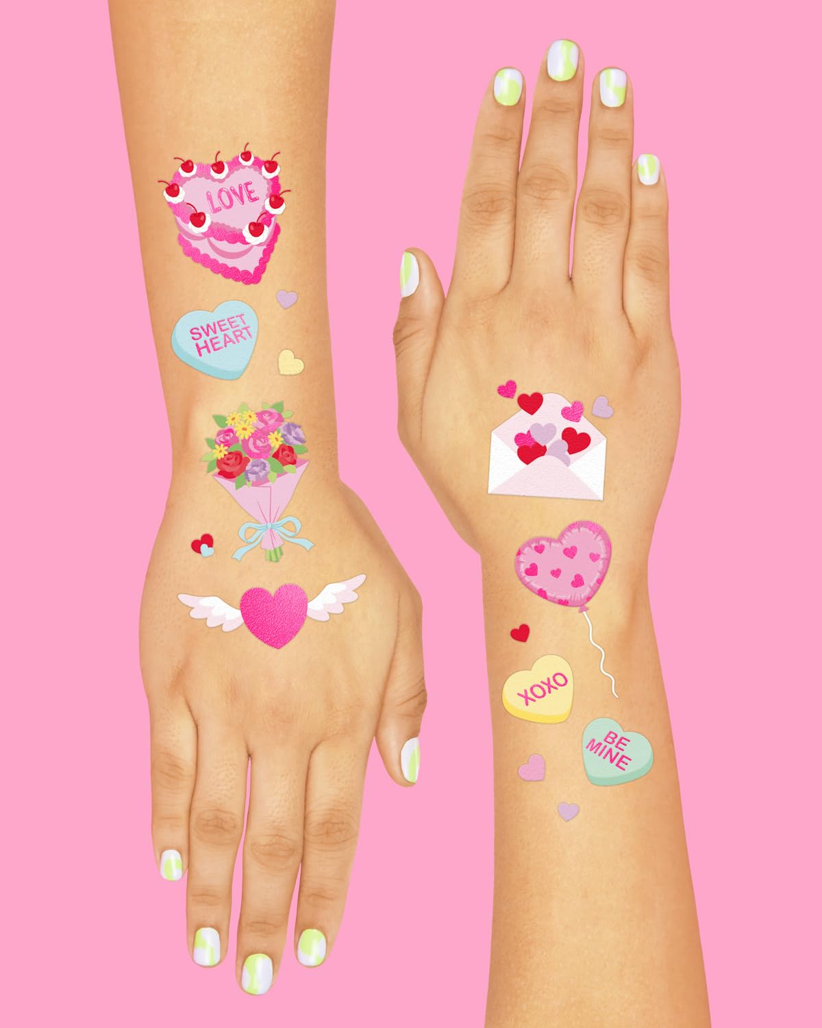 Model showing Xo, Fetti hot pink foil tattoos on arm
