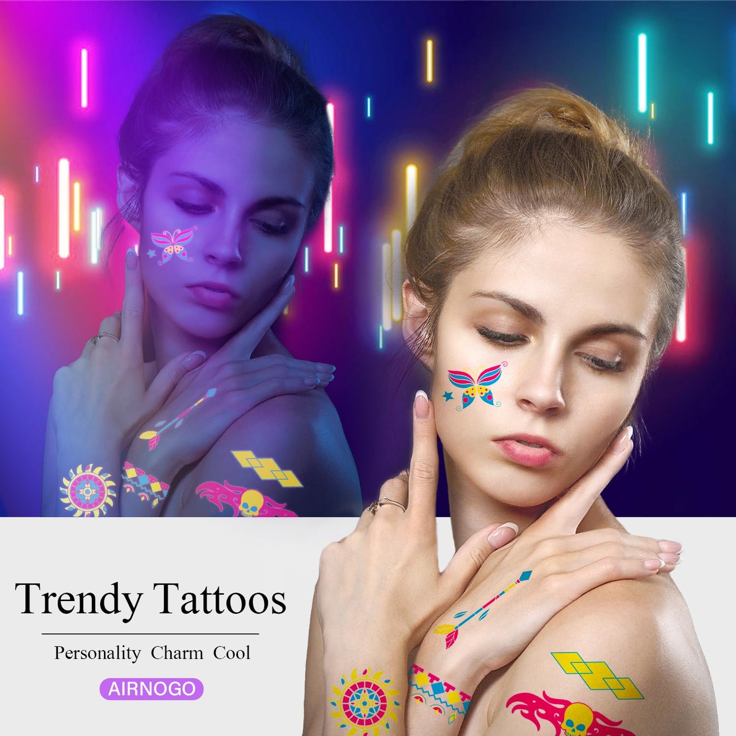 Model showing arm with vibrant glow in the dark neon stickers