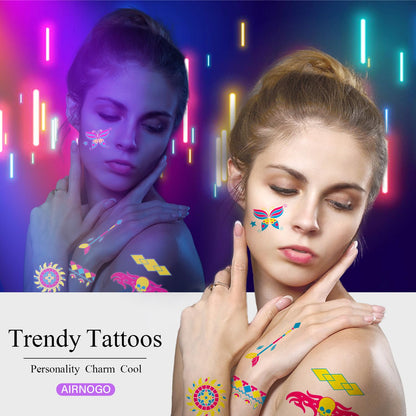 Model showing arm with vibrant glow in the dark neon stickers