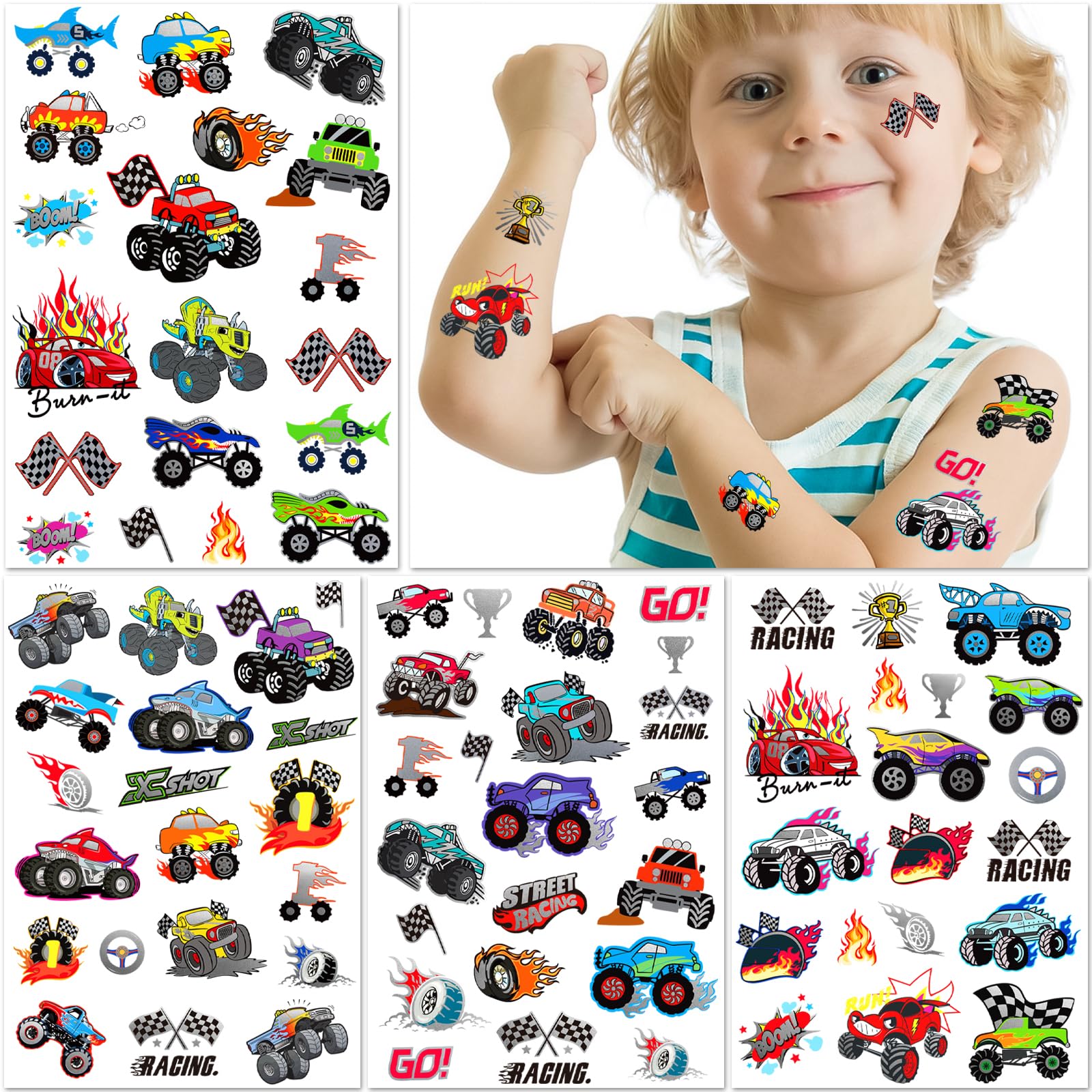 Close up of racing car and monster truck temporary tattoo designs