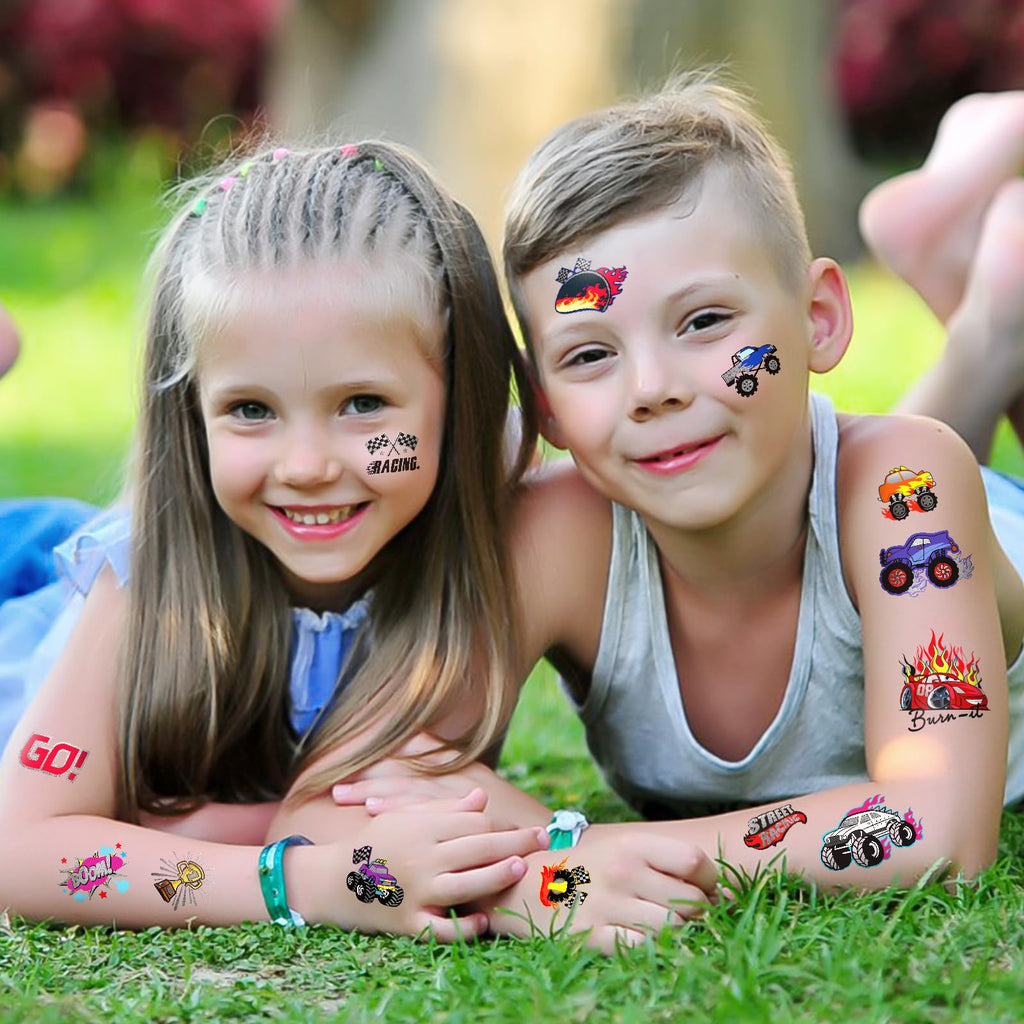 Kids wearing racing themed temporary tattoos on their arms