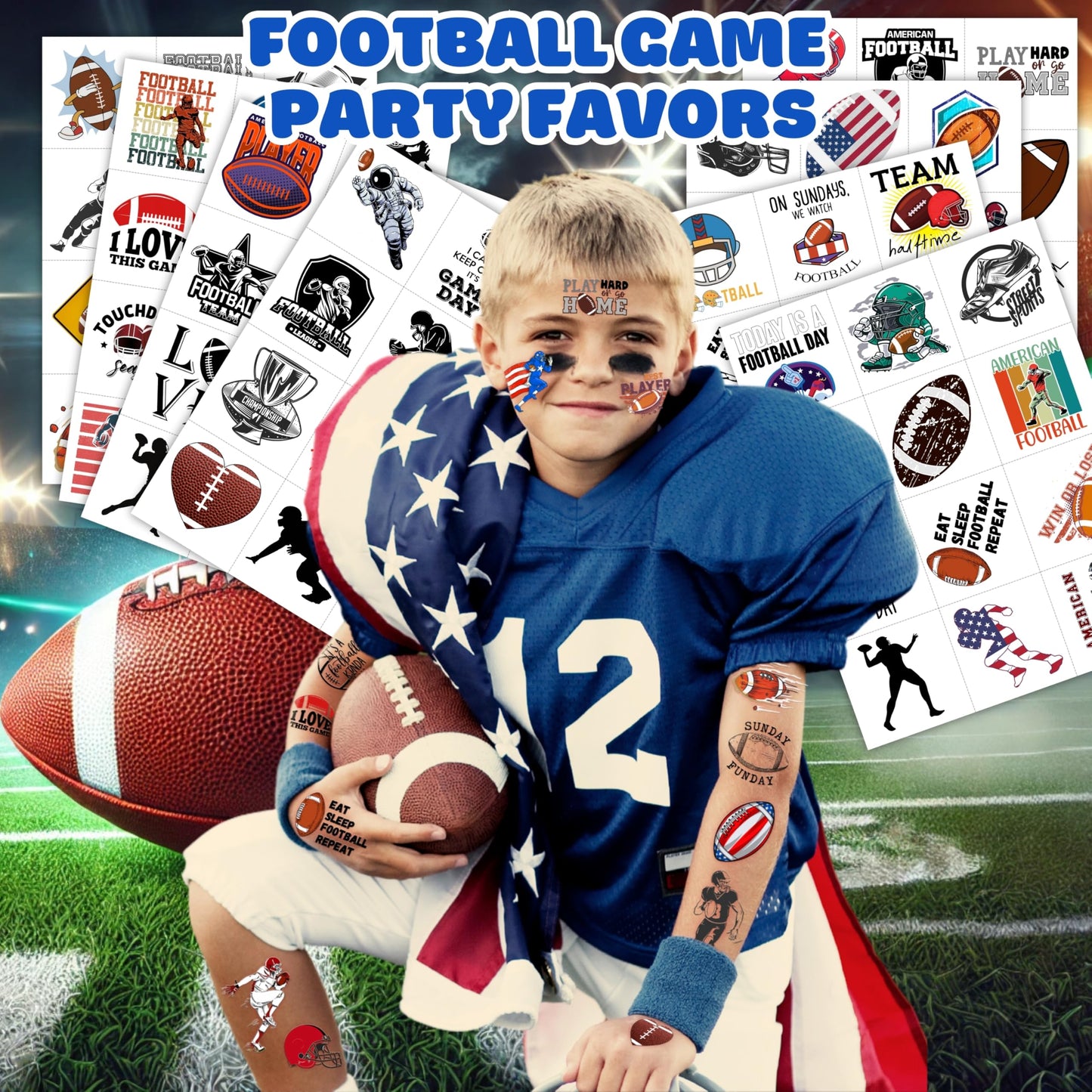 Close up of American football theme tattoo designs on sheet