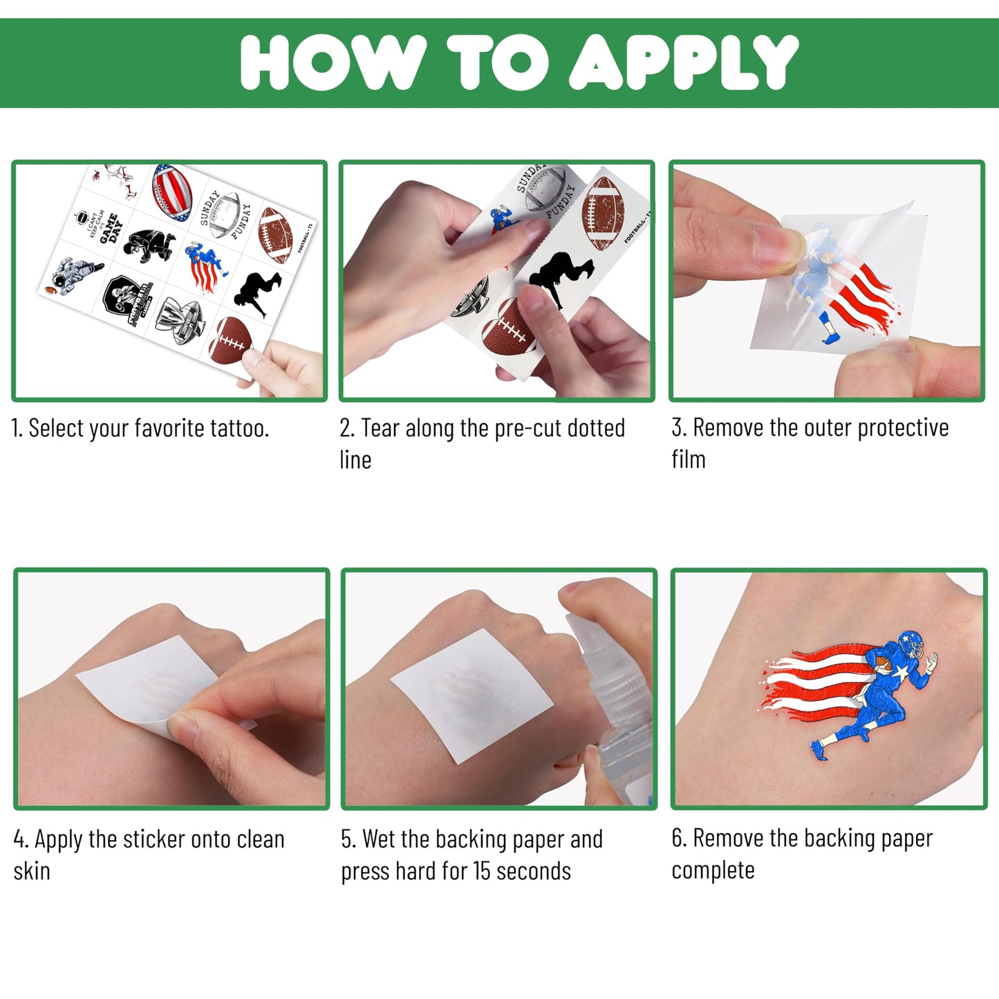 Back view of generic football temporary tattoo packaging
