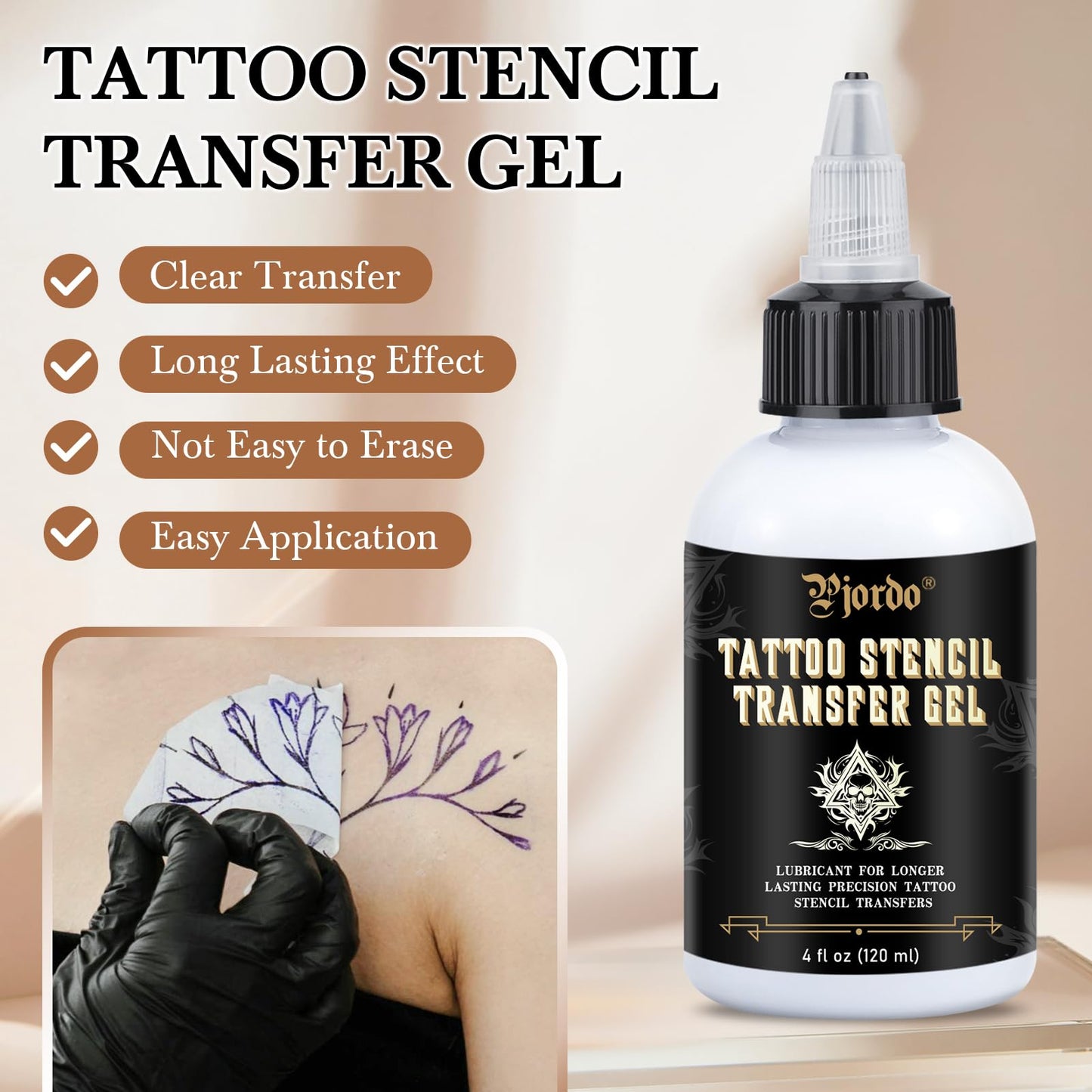 Pjordo professional tattoo stencil gel packaging with skull design.