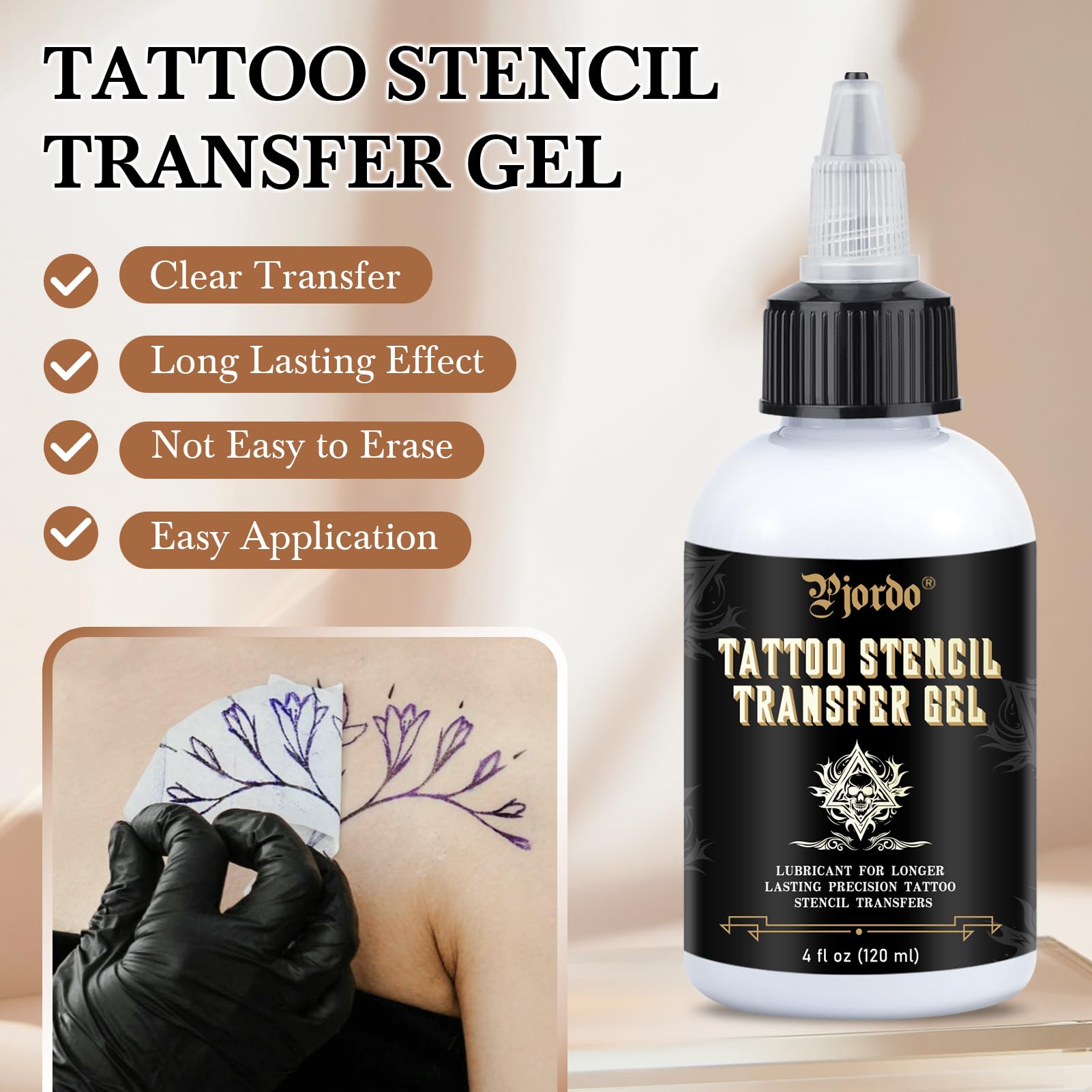 Pjordo professional tattoo stencil gel packaging with skull design.