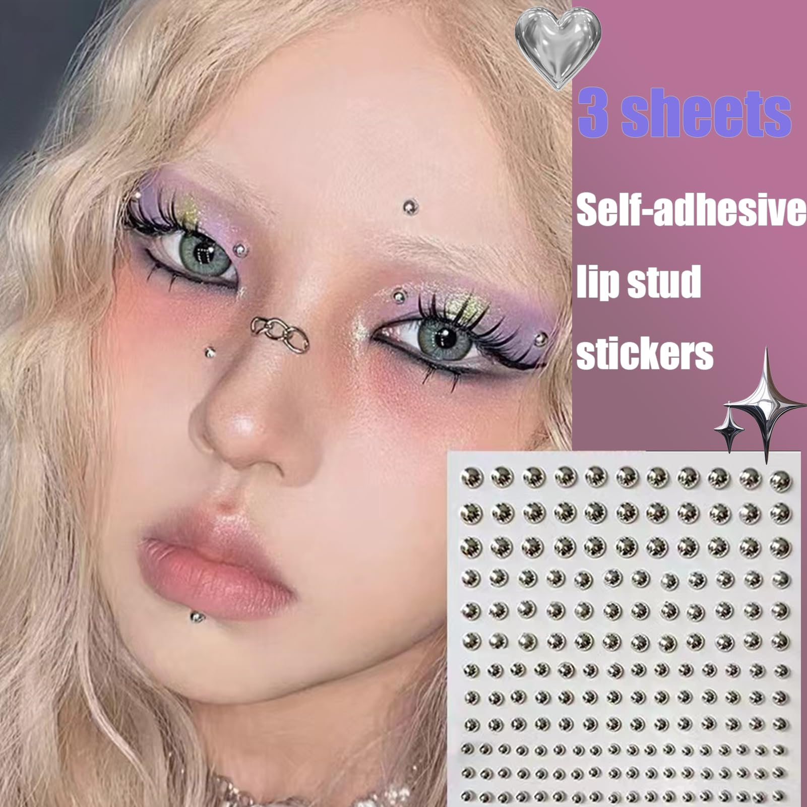 Y2K style face jewels and eyebrow studs in silver