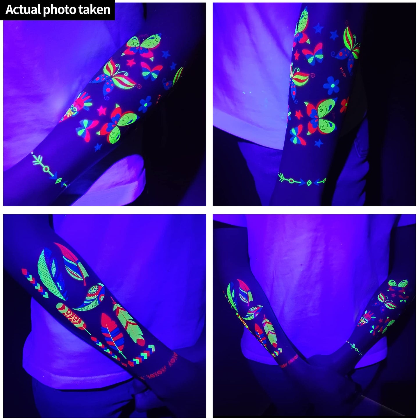 Close up of neon UV reactive temporary tattoo designs on skin
