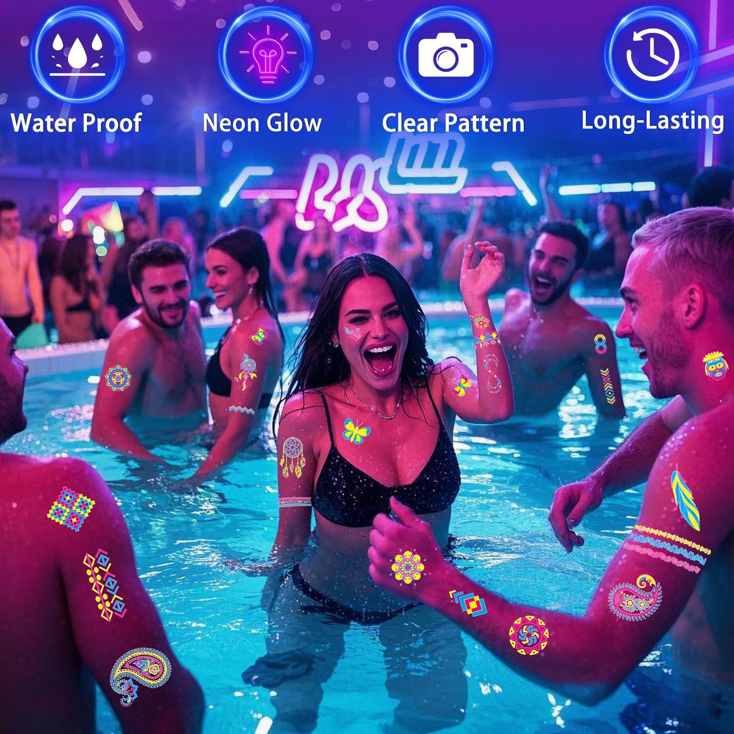 Person wearing glowing tribal temporary tattoos at a music festival