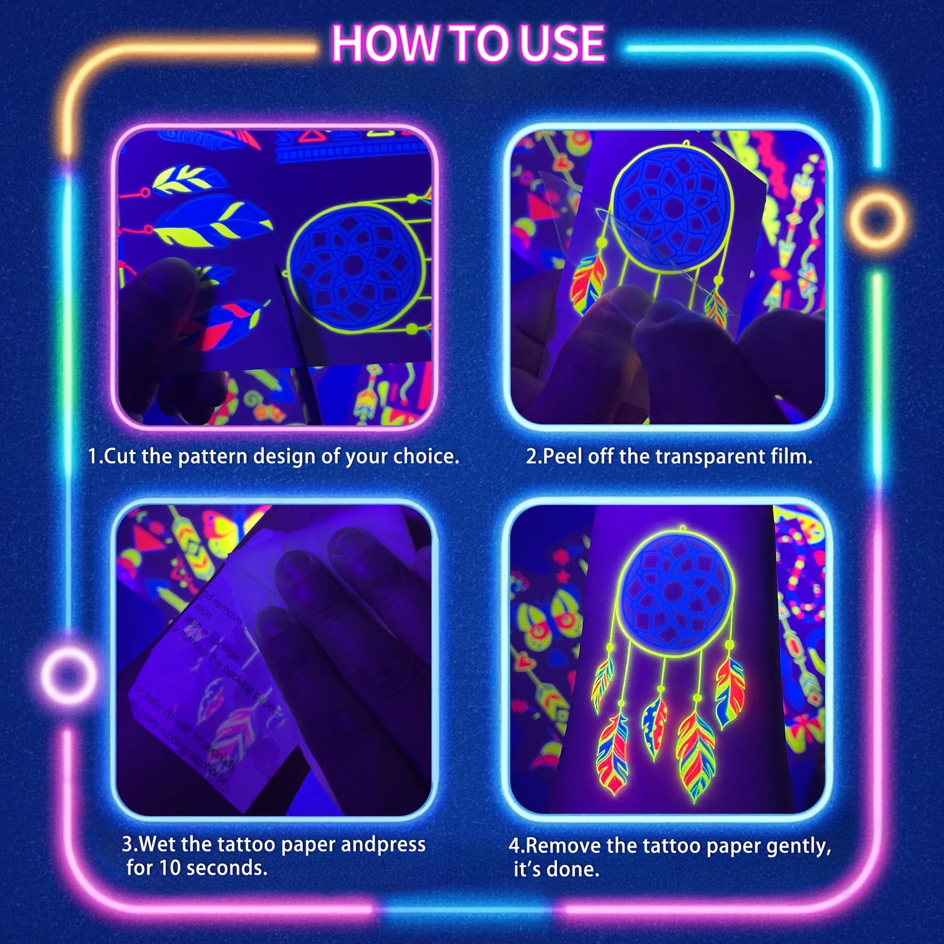 Instructions for applying waterproof neon temporary tattoos