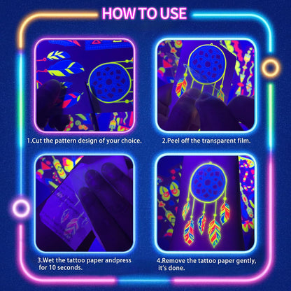Instructions for applying waterproof neon temporary tattoos