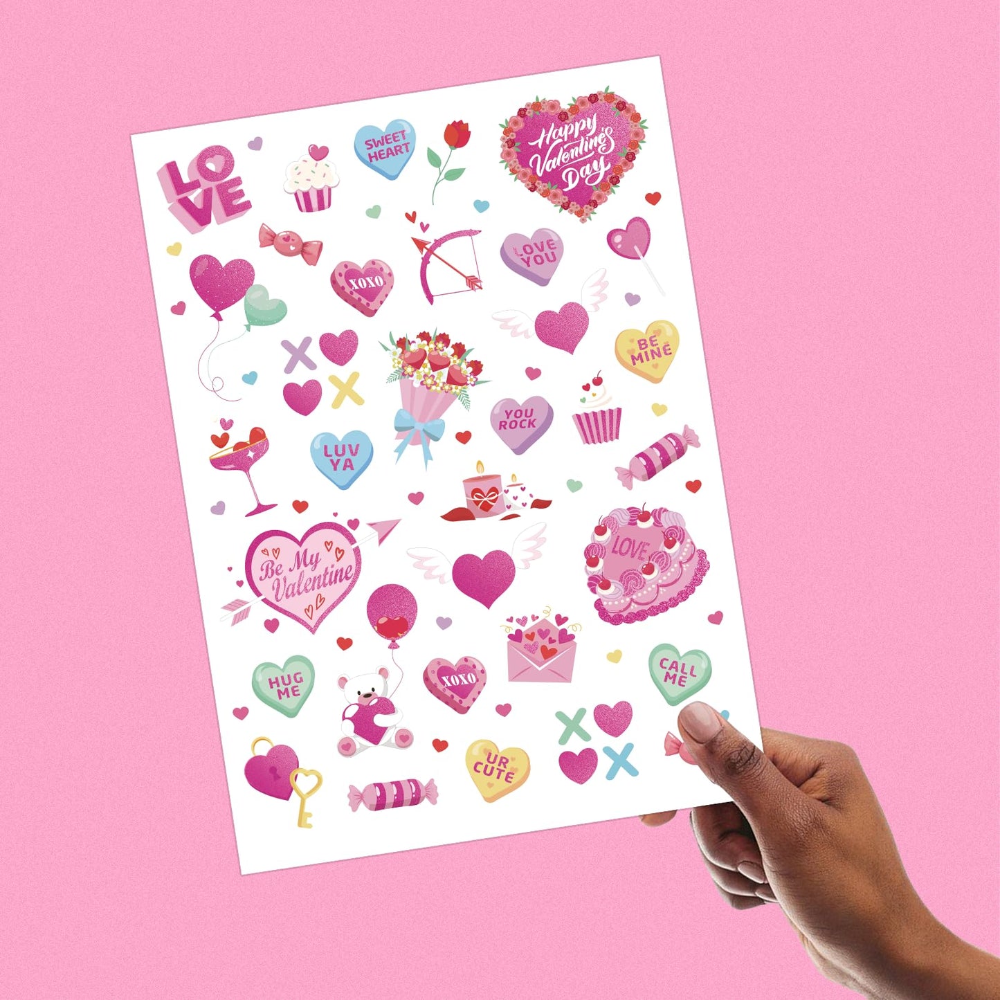 Sheet of 68 assorted Valentine's Day metallic tattoos including hearts and slogans.
