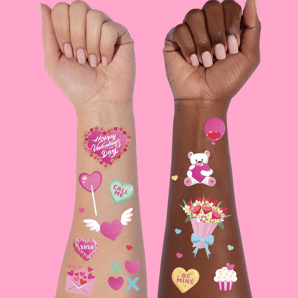 Close up of Ovasorve hot pink foil tattoos on skin for party look.