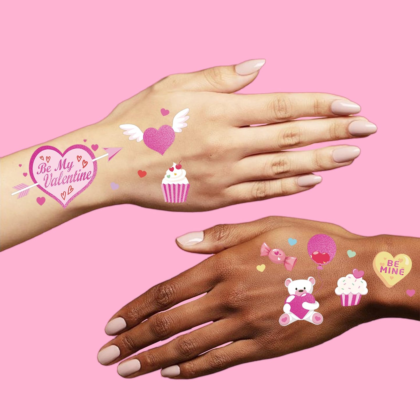 Detailed view of BE MINE and candy heart tattoo designs.