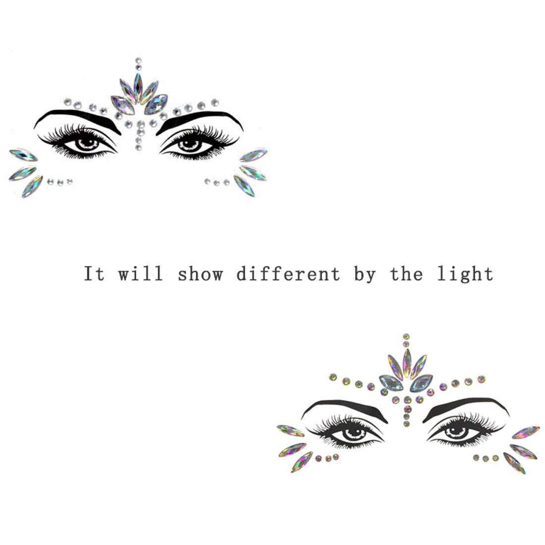 Woman wearing Wuios iridescent face jewels for party makeup