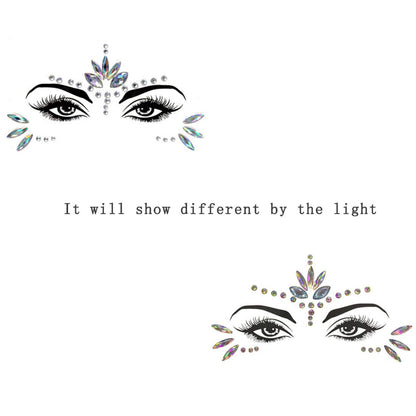 Woman wearing Wuios iridescent face jewels for party makeup