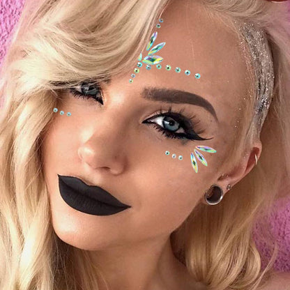 Detailed view of holographic rhinestone face tattoo stickers