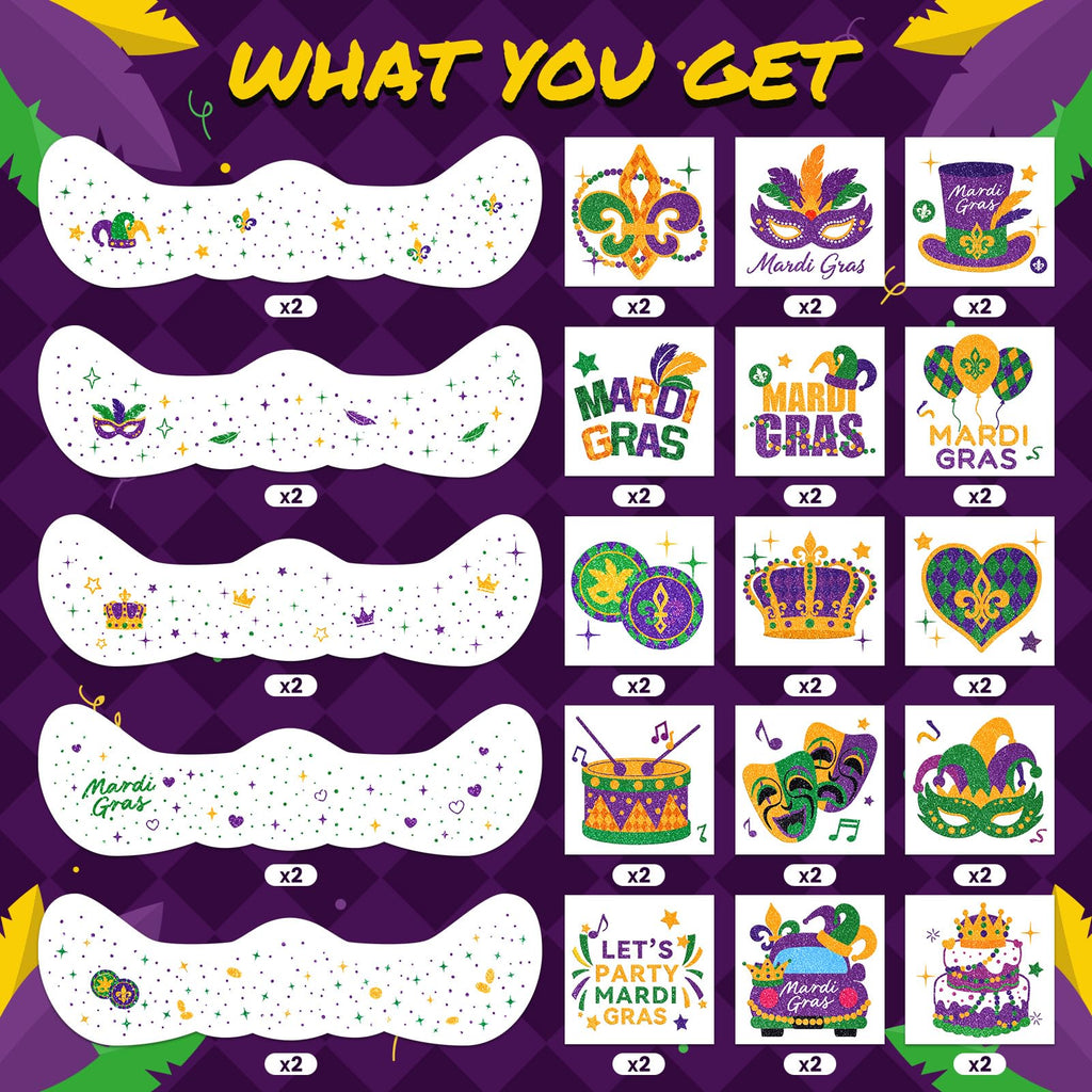 Close up of Emome Mardi Gras temporary tattoo designs including masks and stars