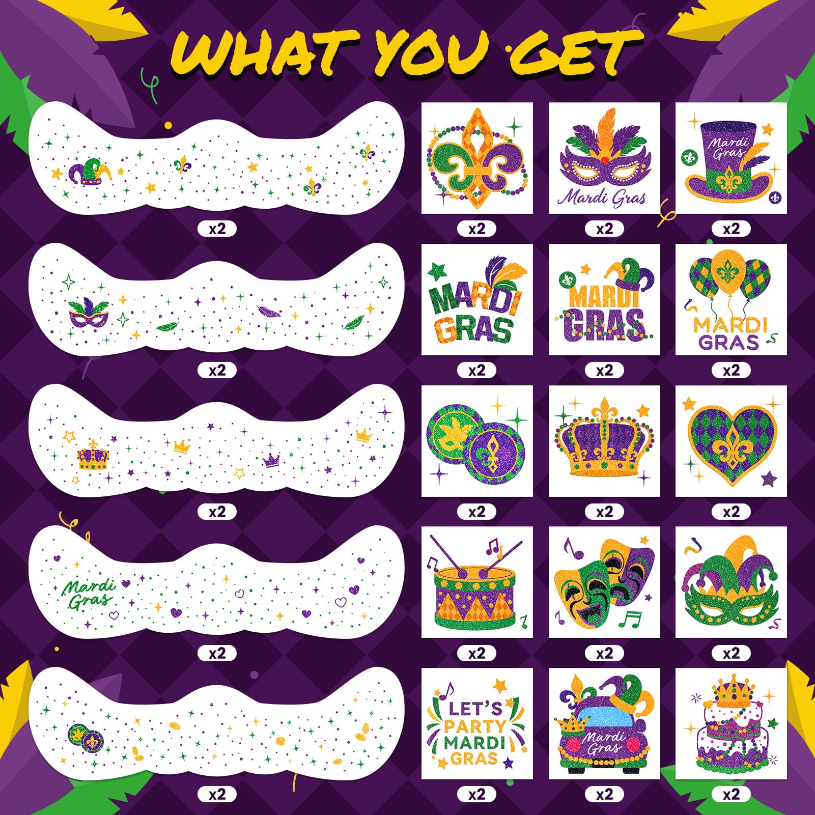 Close up of Emome Mardi Gras temporary tattoo designs including masks and stars