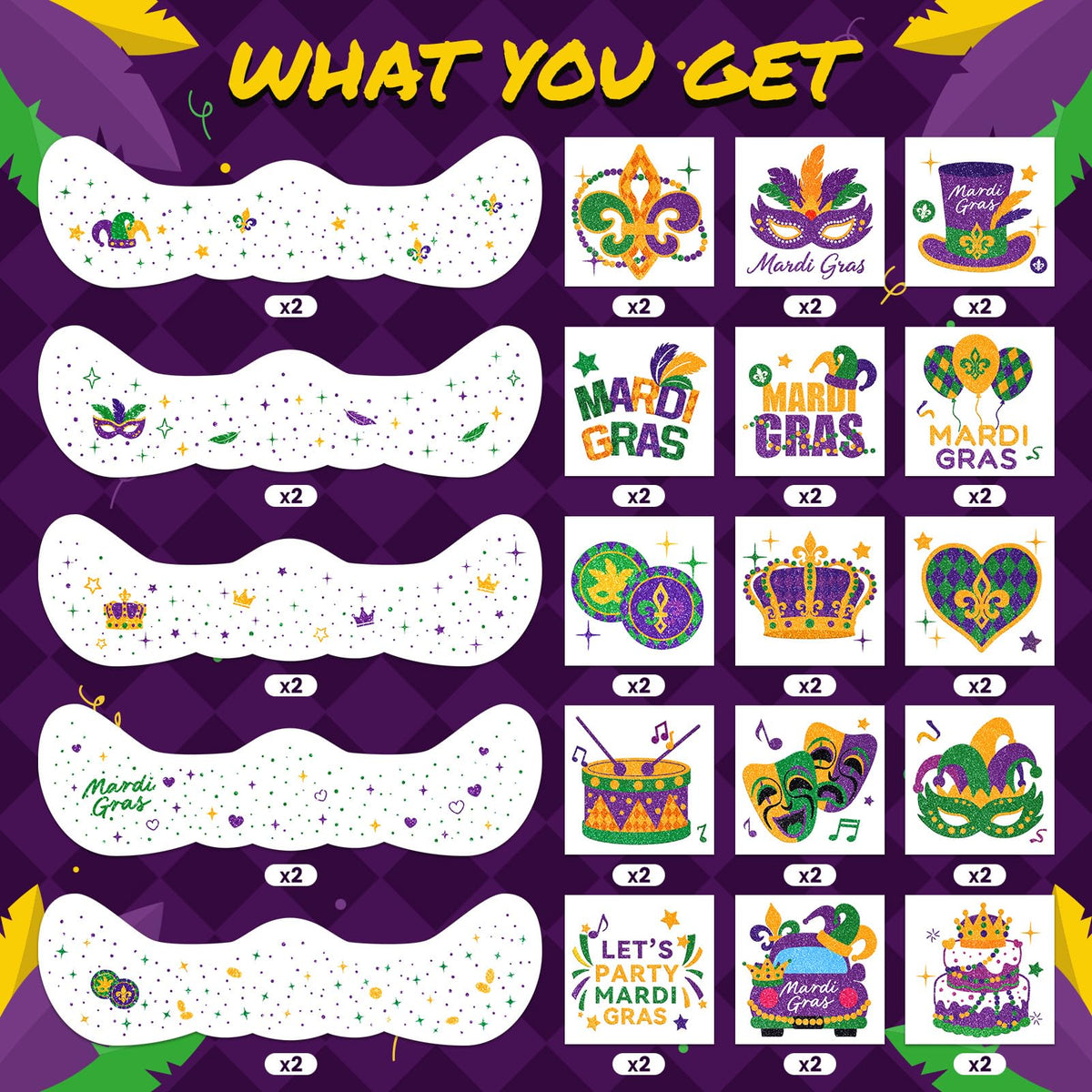 Close up of Emome Mardi Gras temporary tattoo designs including masks and stars