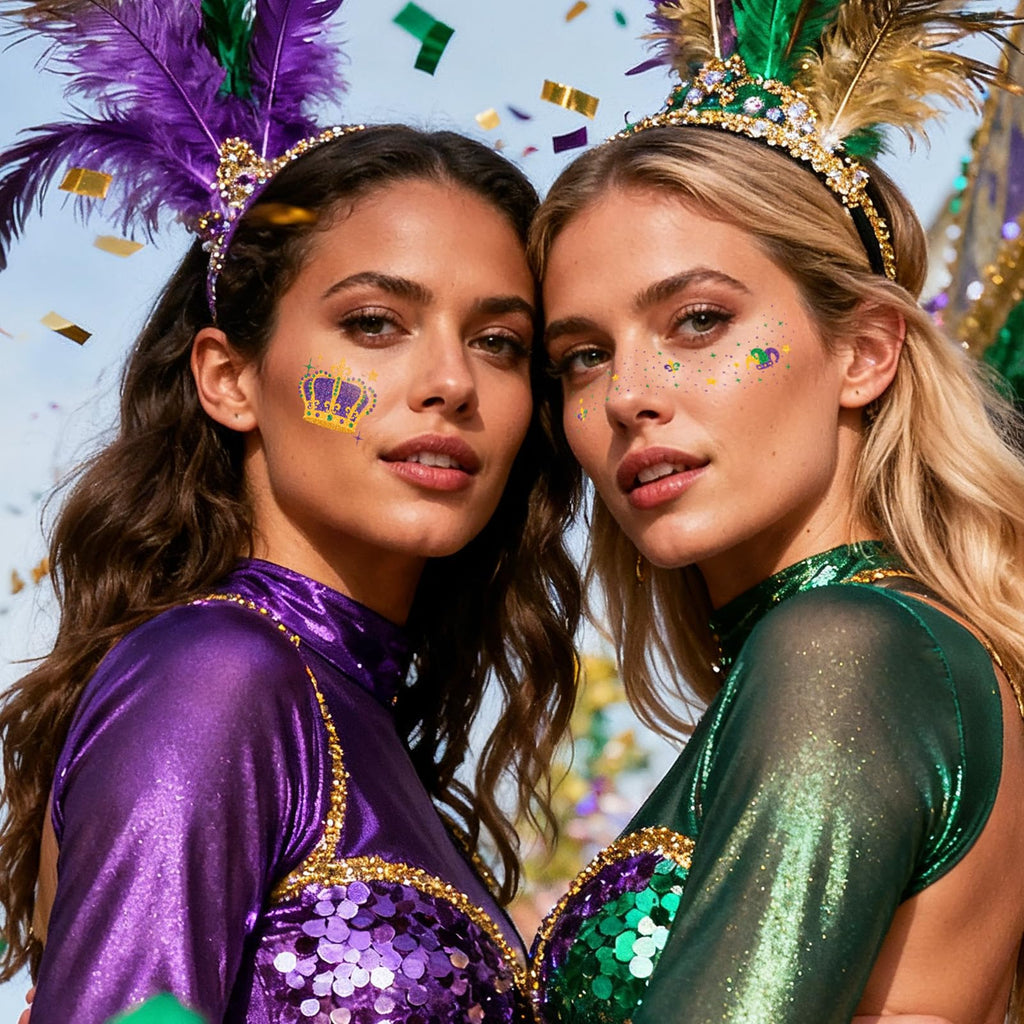 Model wearing Emome glitter face tattoos for a party look