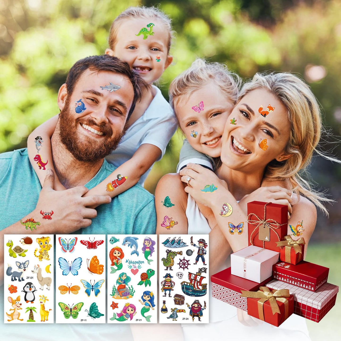 Close up of butterfly and animal style temporary tattoos on skin