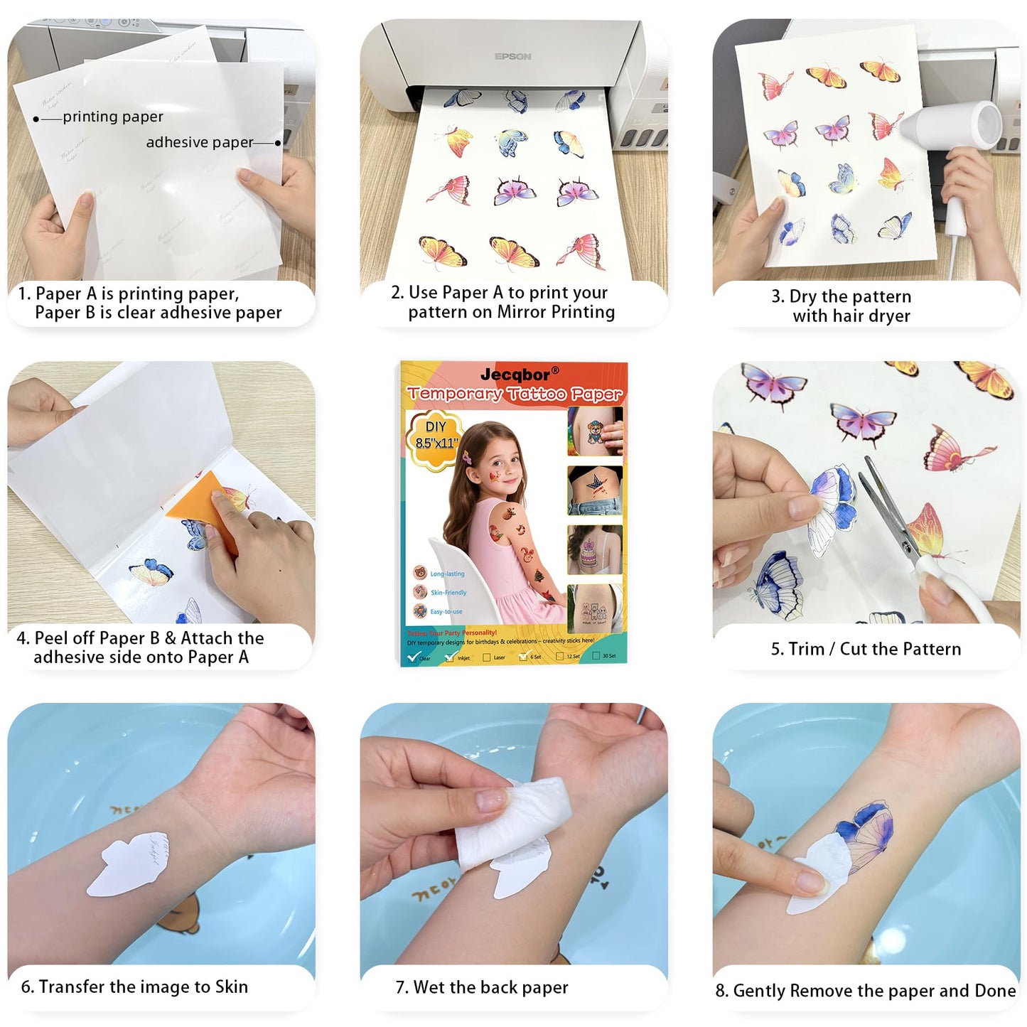 Variety of DIY tattoo stickers cut from 8.5x11 sheets