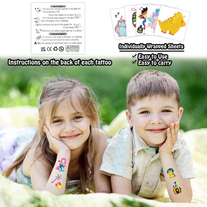 Assorted unicorn and dinosaur tattoo designs on sheets