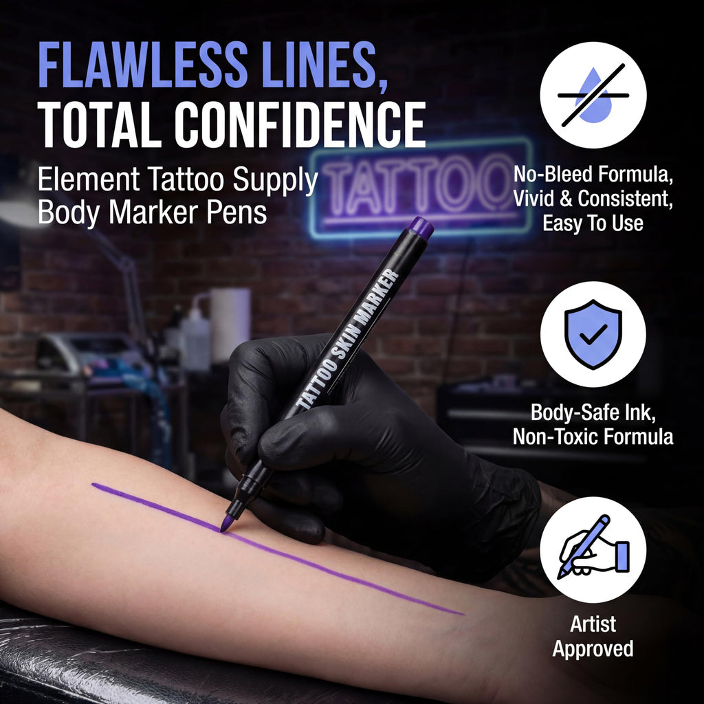 Close up of purple bold tip tattoo marker pen