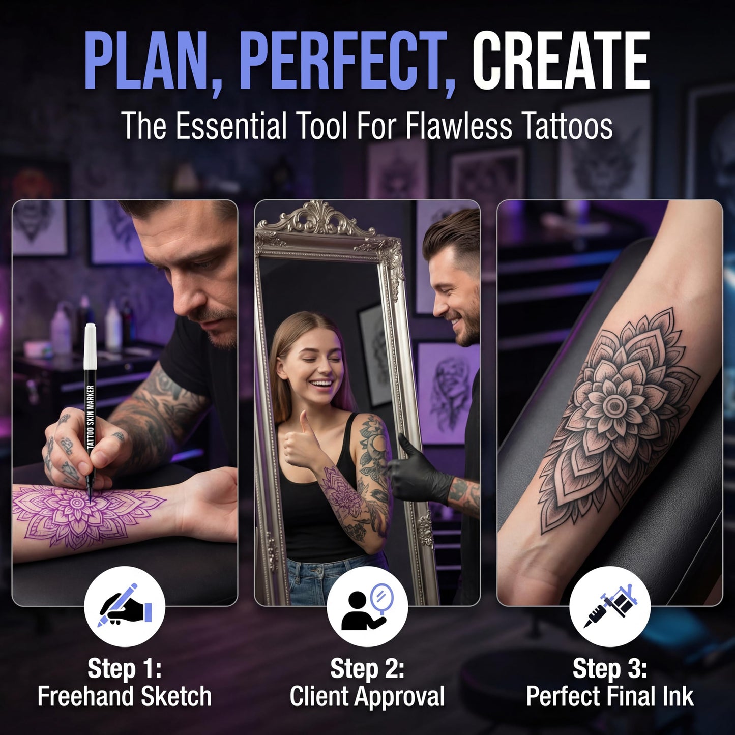 Detailed view of bold purple ink line on skin