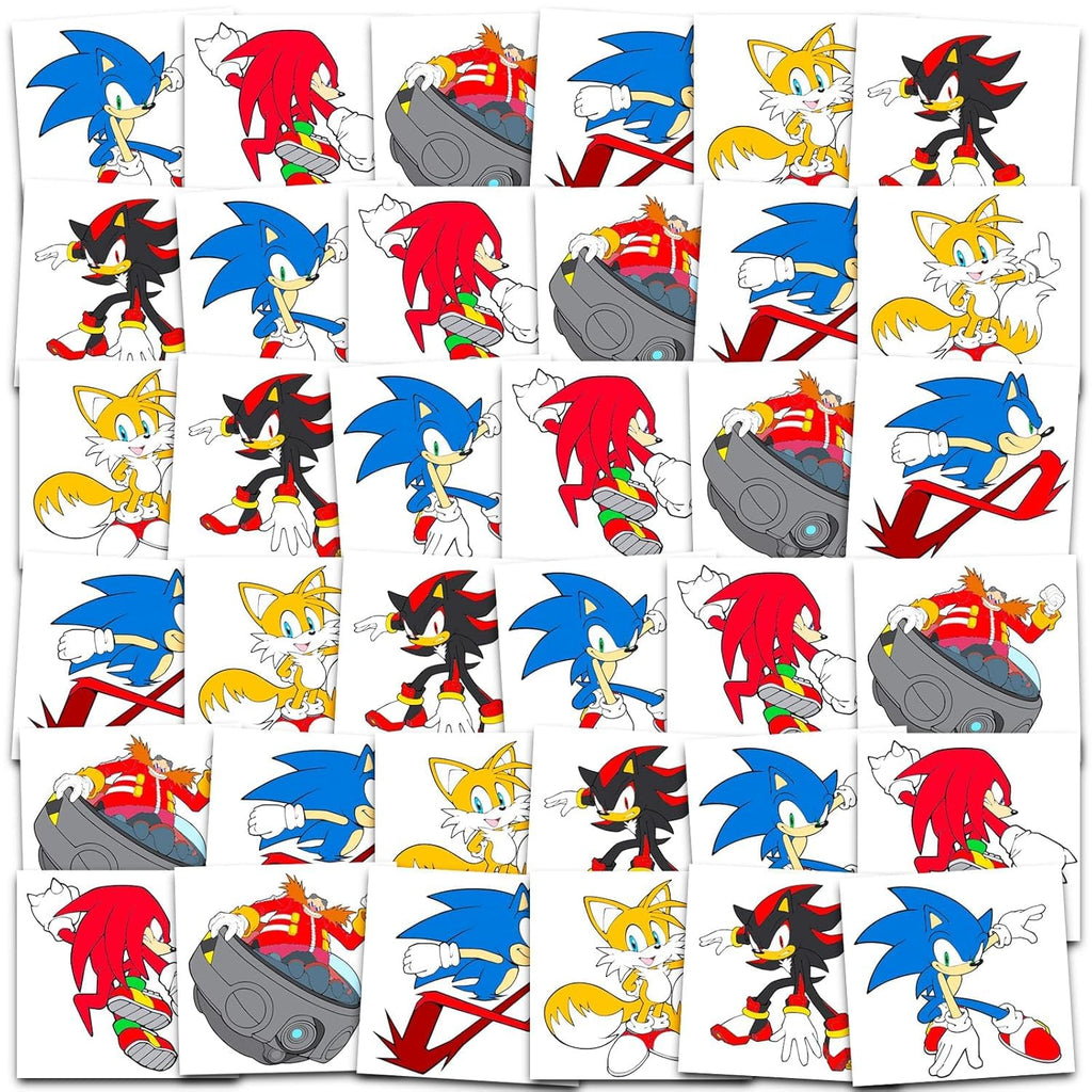 Close up of perforated Sonic, Shadow, and Tails temporary tattoo sheets