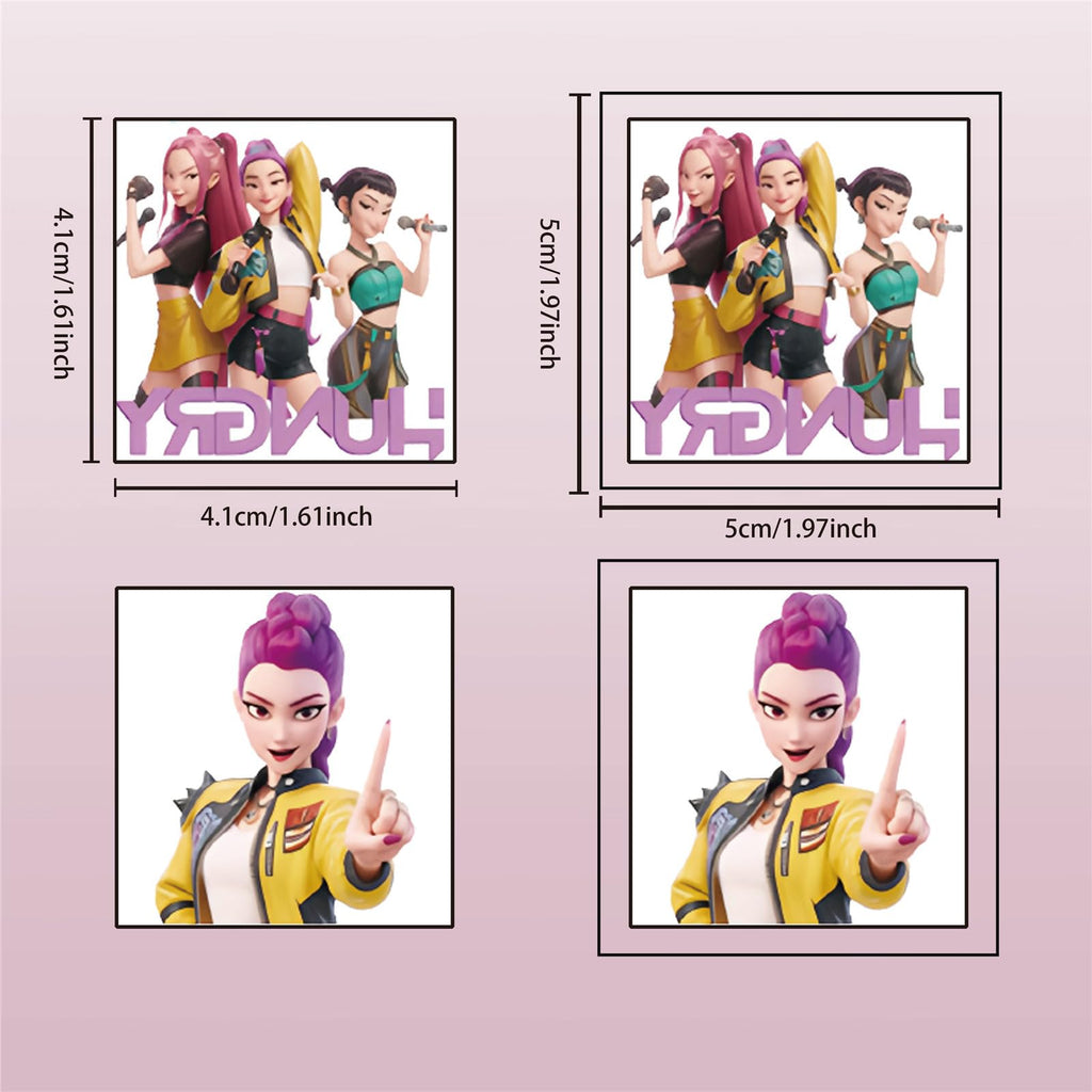 Close up of Huntrix characters on Pwsty temporary tattoo sheet