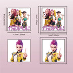 Close up of Huntrix characters on Pwsty temporary tattoo sheet