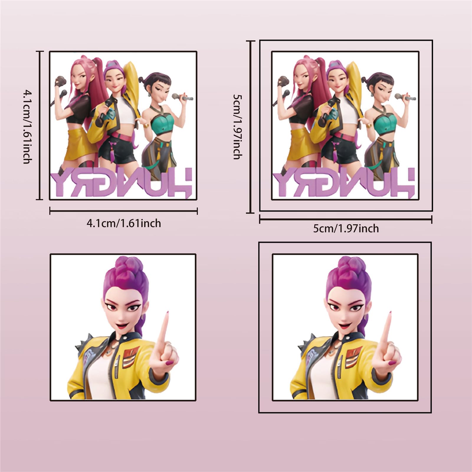 Close up of Huntrix characters on Pwsty temporary tattoo sheet