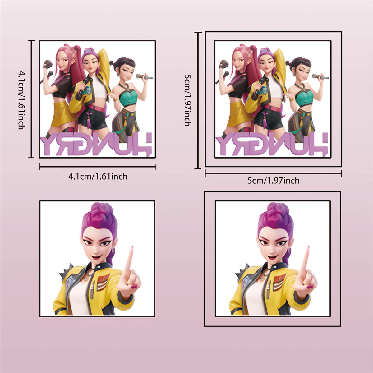 Close up of Huntrix characters on Pwsty temporary tattoo sheet