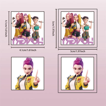 Close up of Huntrix characters on Pwsty temporary tattoo sheet