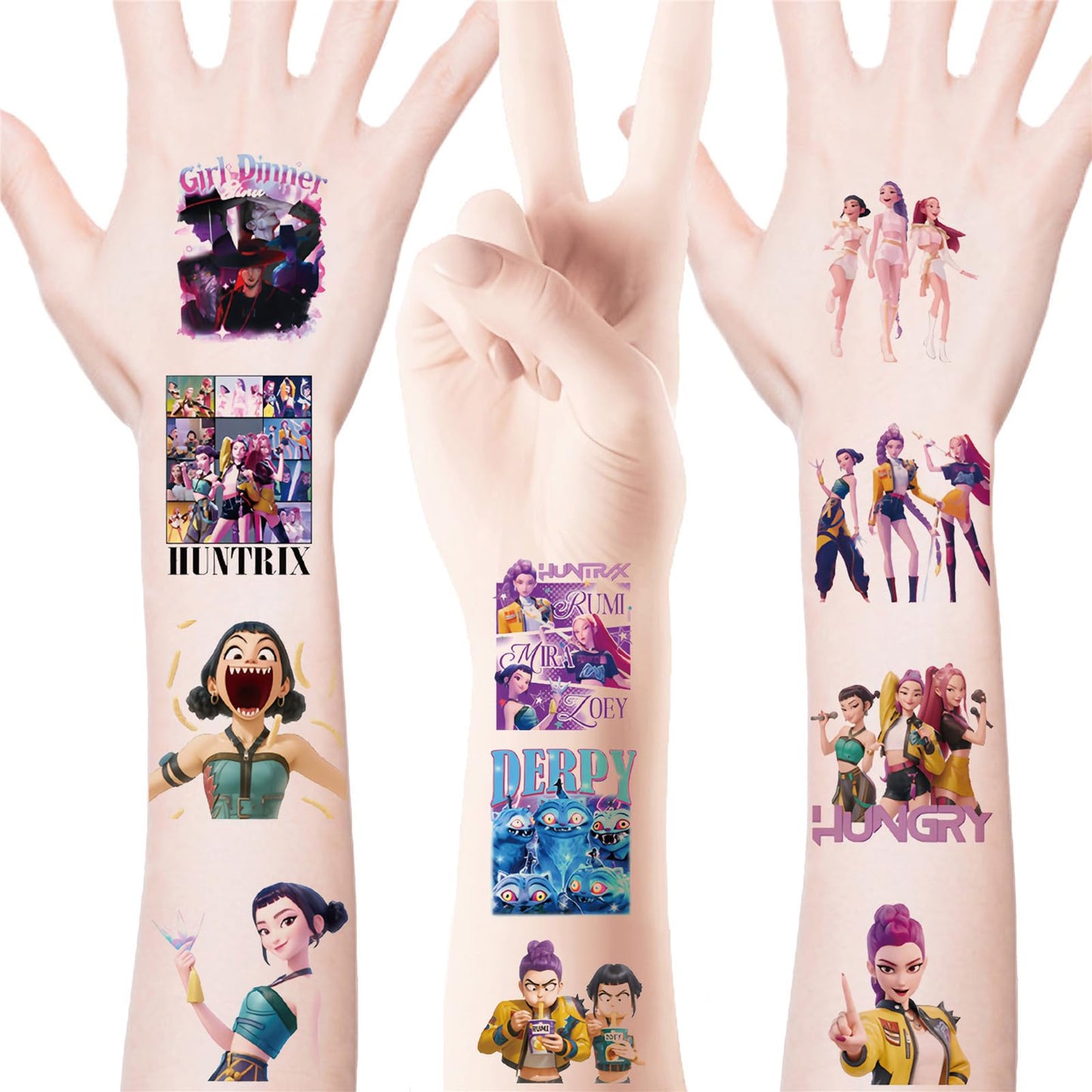 Display of various K-pop Demon Hunters tattoo designs on sheets