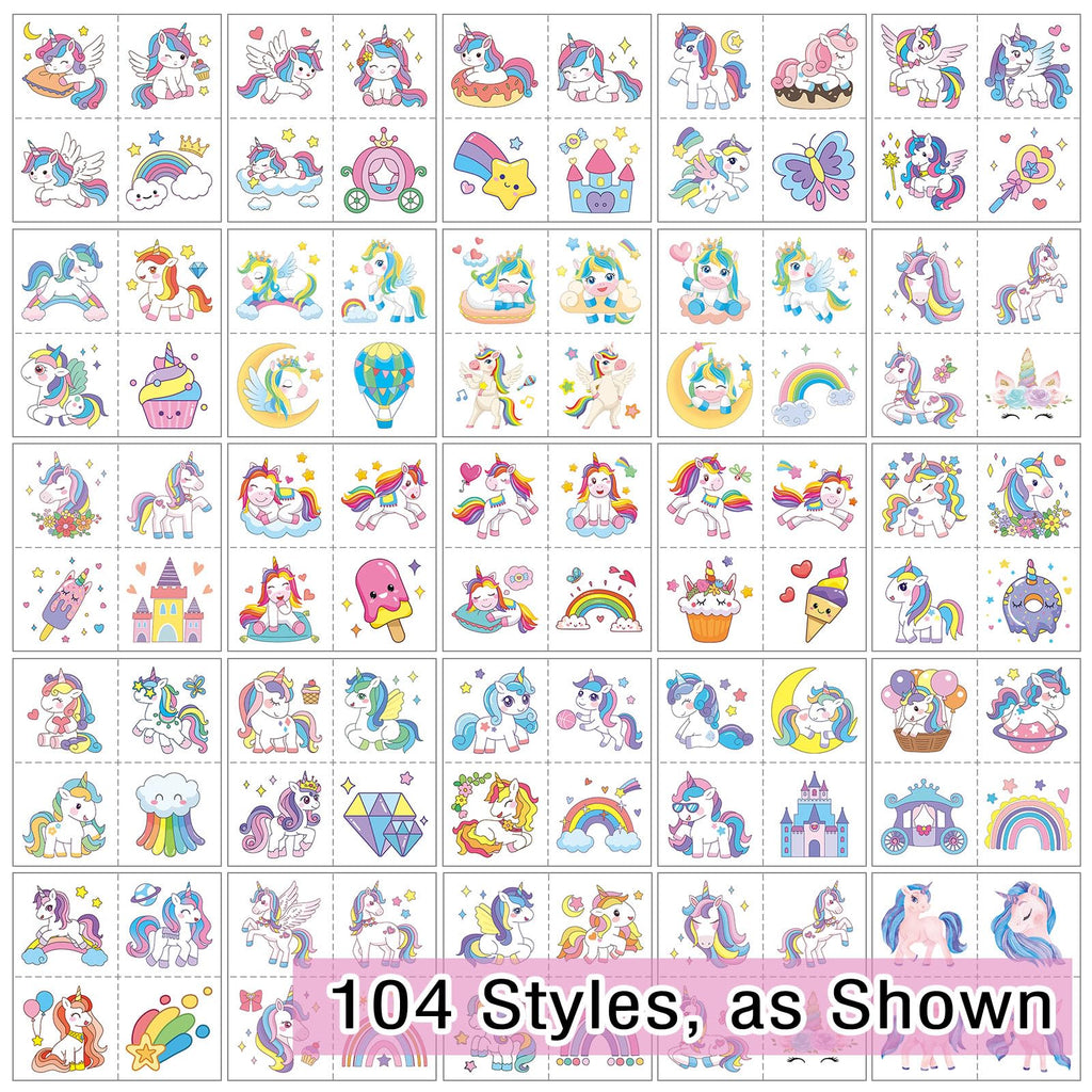 Close up of vibrant unicorn temporary tattoo designs for children