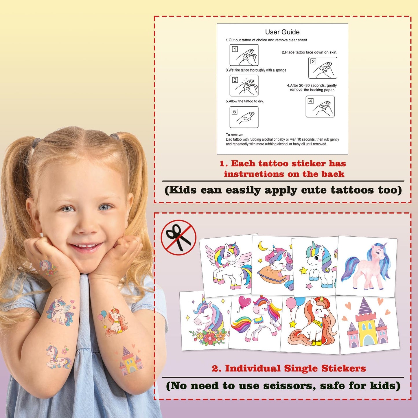 Pack of 104 waterproof unicorn fake tattoos for birthday decorations