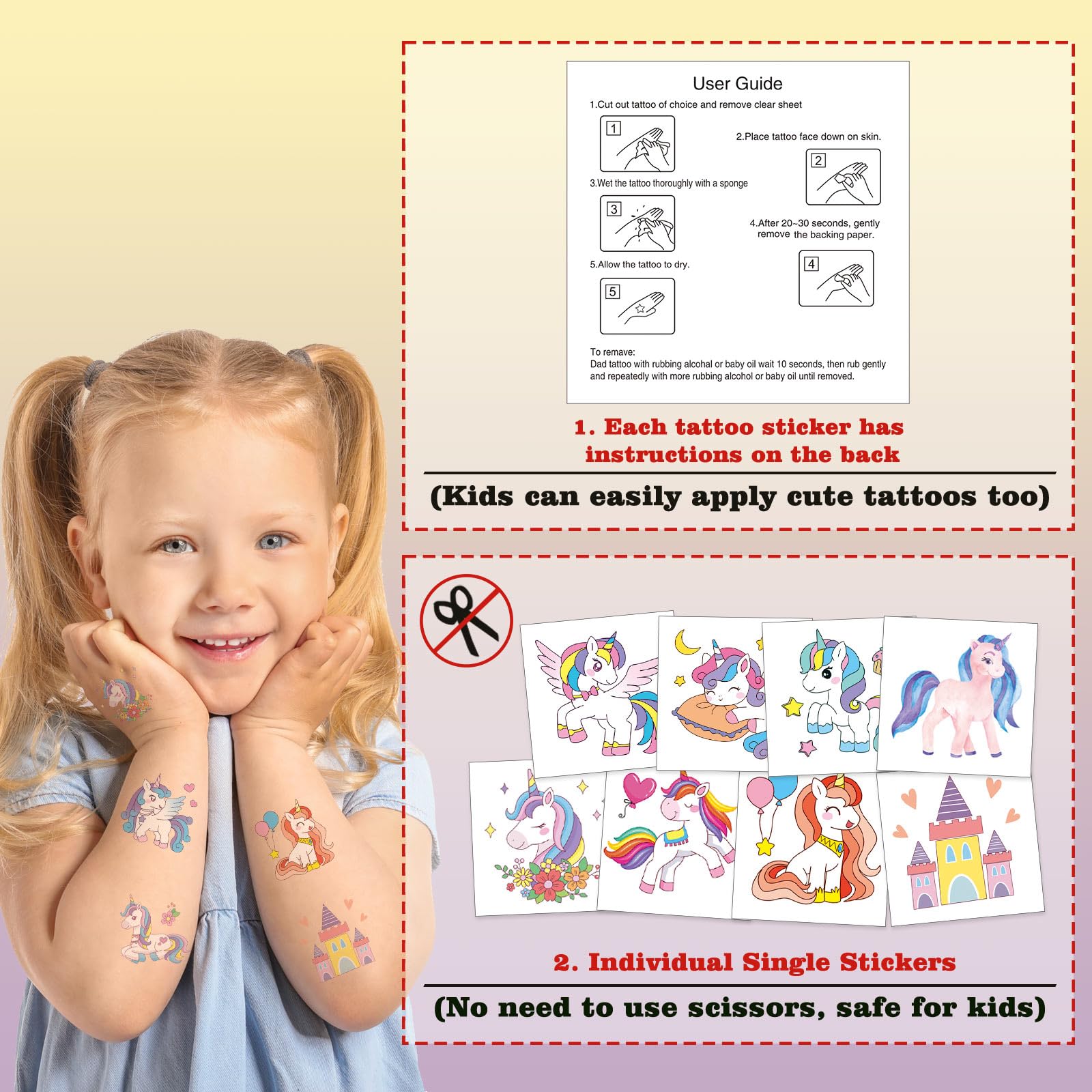 Pack of 104 waterproof unicorn fake tattoos for birthday decorations
