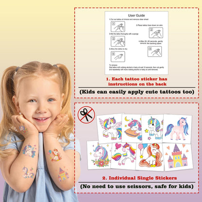 Pack of 104 waterproof unicorn fake tattoos for birthday decorations