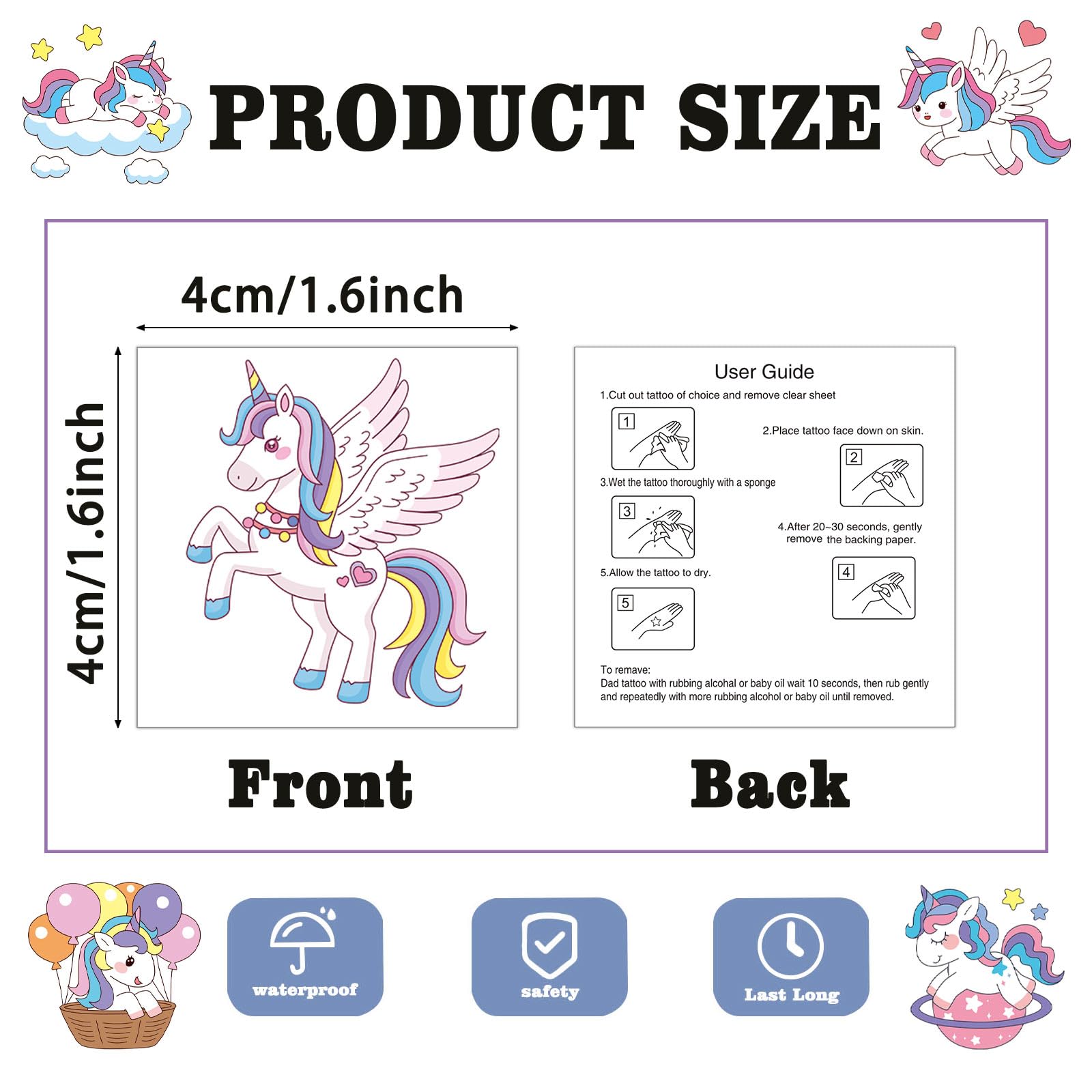 Kids party supplies featuring assorted colorful unicorn tattoo stickers