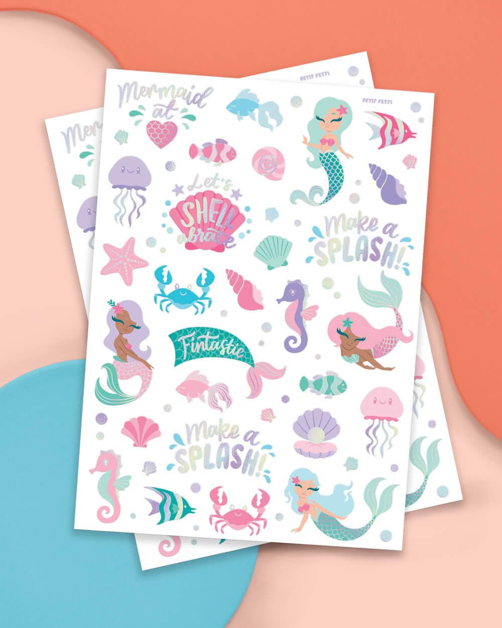 Detailed view of mermaid and sea creature foil tattoo designs