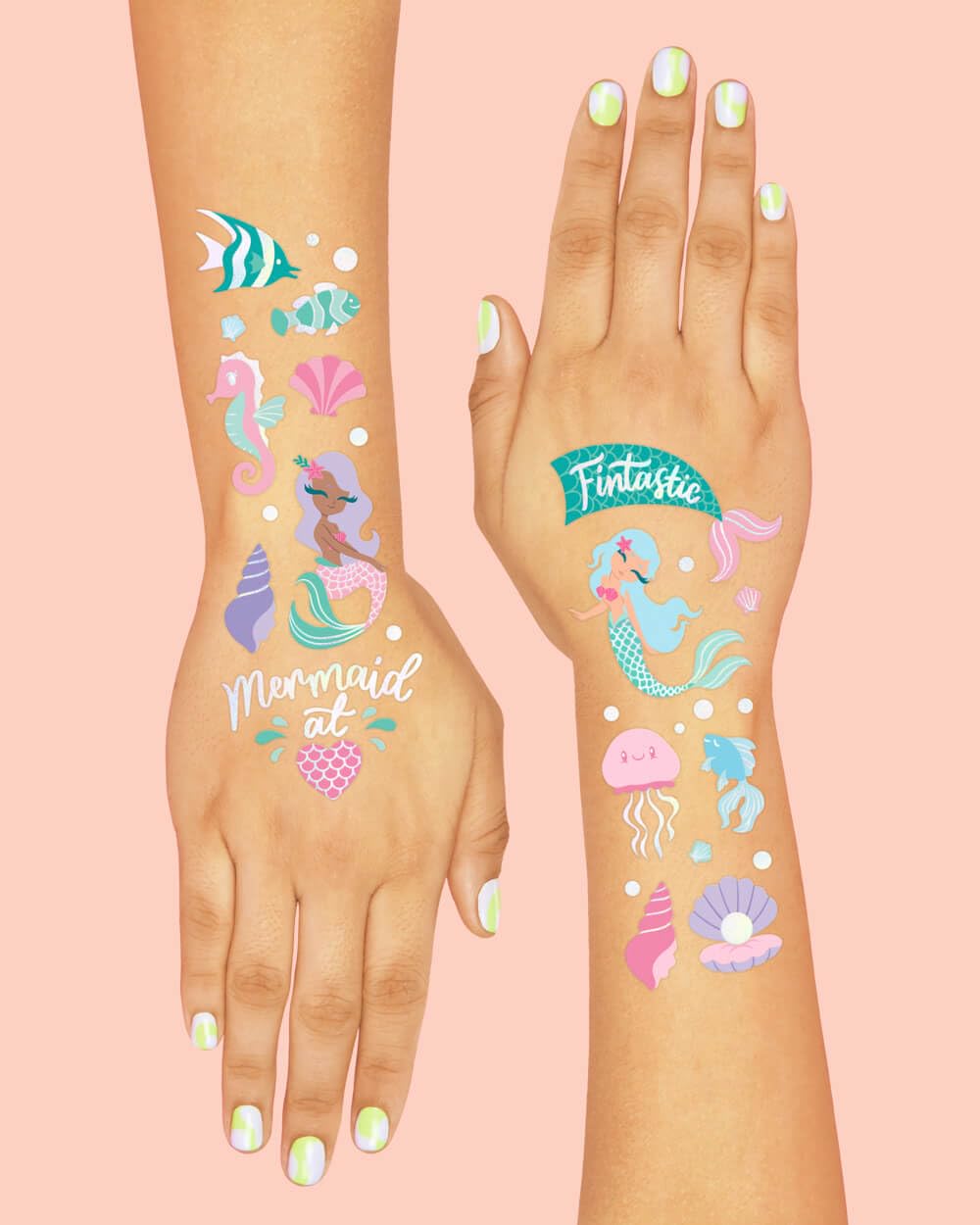 Close up of iridescent foil texture on sea animal temporary tattoos