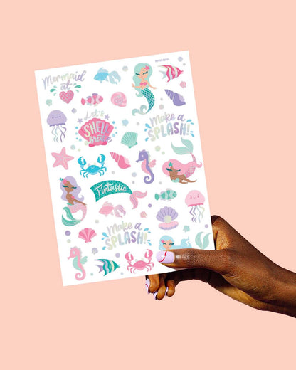 Two sheets of assorted mermaid and ocean creature temporary tattoos