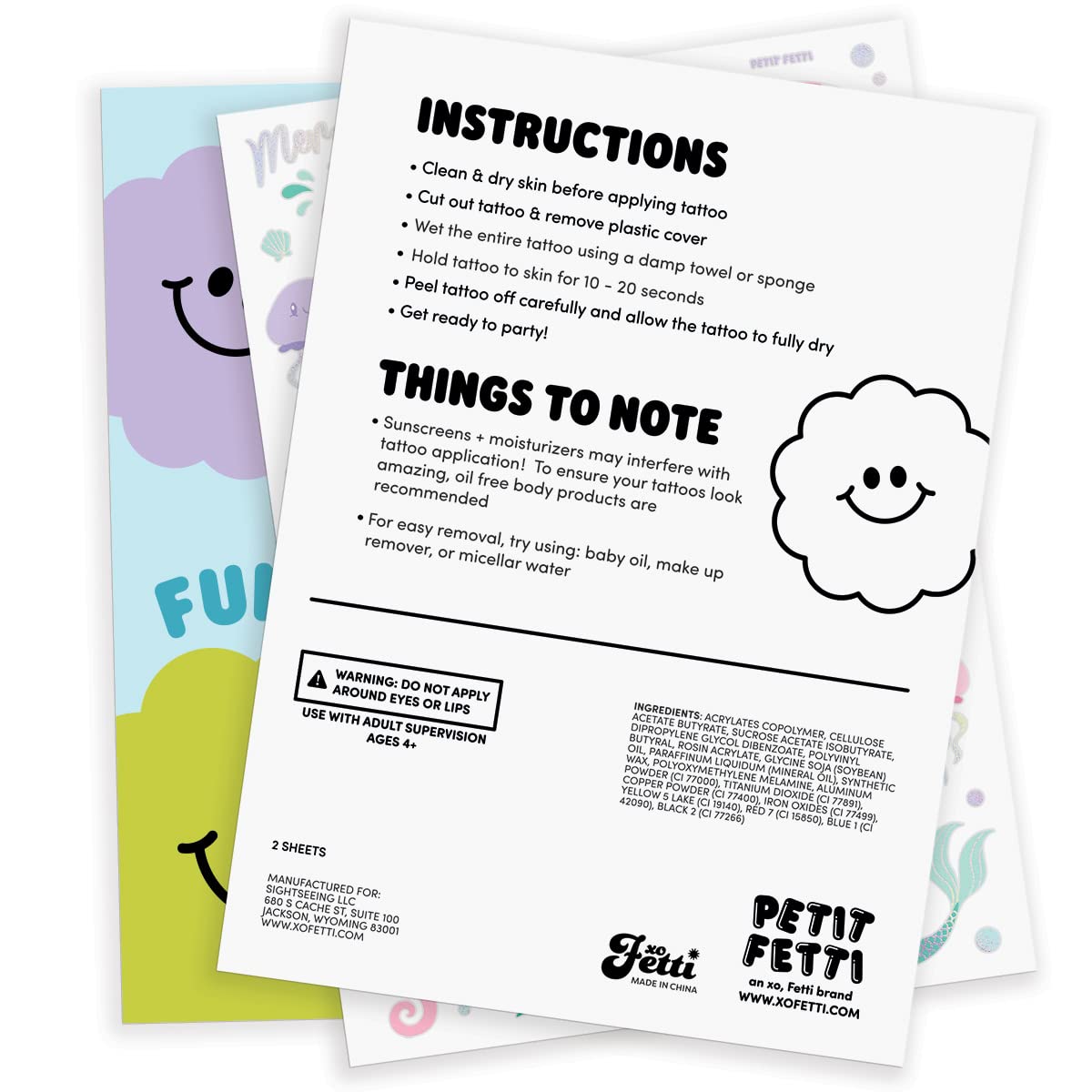 Instructions for applying xo, Fetti temporary tattoos on the back of packaging