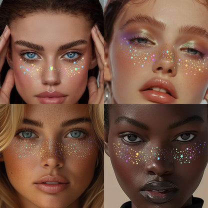 Six sheets of waterproof sparkle body glitter speckles patches displayed with included removal wipes.