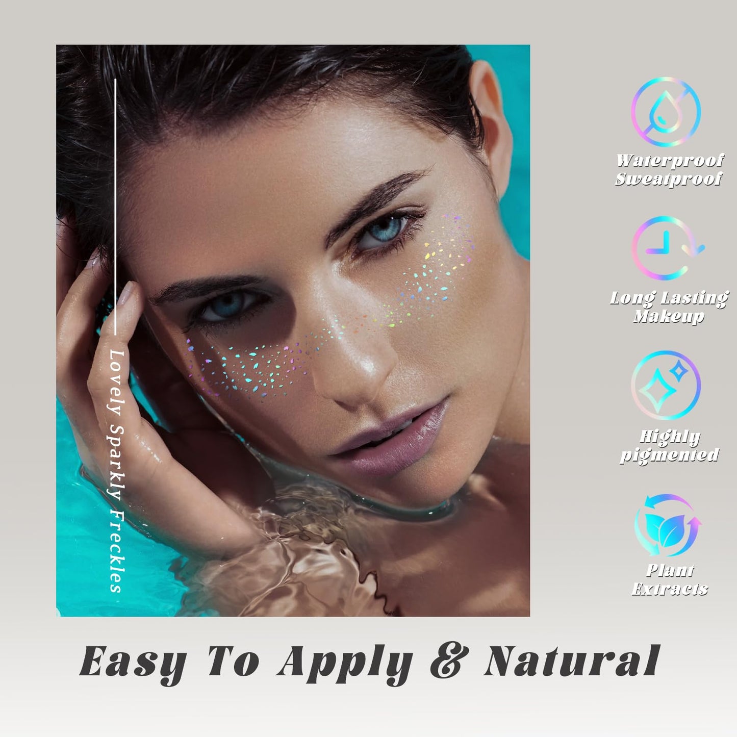 Step by step application guide for applying temporary glitter freckle stickers to clean skin.